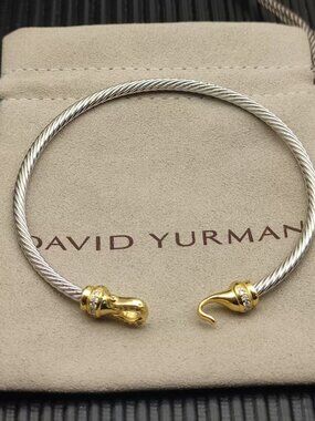 David Yurman Silver Cable Bracelet with Gold Terminals 3mm